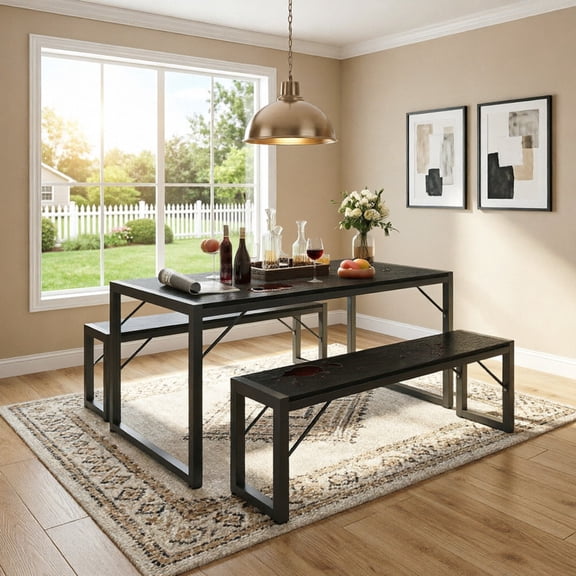 Aiho 3-Piece Dining Table Set - Industrial Kitchen Table & Chairs with Stain-Resistant Oak Top, Space Saving Design for Small Homes, Black