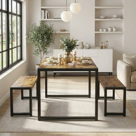 Aiho 25.6" Compact Dining Table Set for 2 w/2 Stools - Space-Saving Metal Frame & Wood Top for Small Kitchens, Breakfast Nook - Retro
