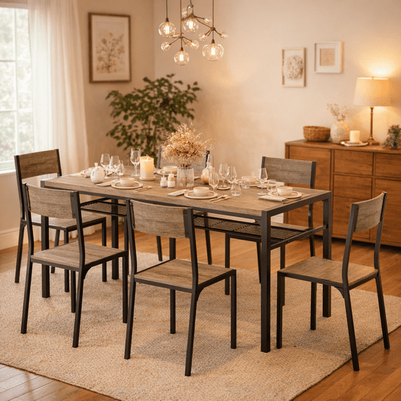 Aiho 7-Piece Dining Table Set for 6, Space-Saving Kitchen Table with Chairs, Compact Dining Furniture for Small Spaces & Apartments, Gray