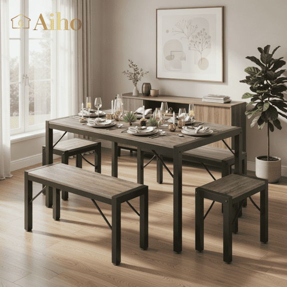 Aiho Dining Table Set for 6 Person, 63" Kitchen Table with 2 Benches & 2 Stools, Space Saver Dining Set for Kitchen, Dining Room, Living Room, Gray