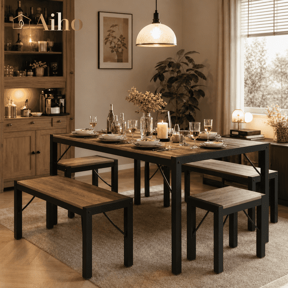 Aiho 63" Dining Table Set for 6, Space Saver with 2 Benches and 2 Stools-Gray