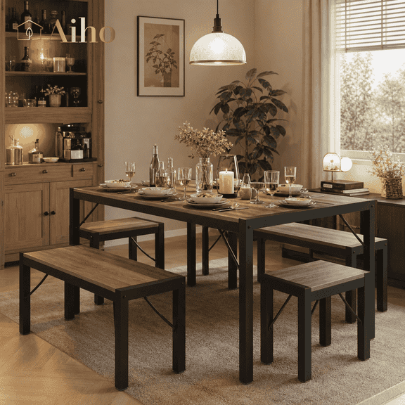 Aiho Dining Table Set for 6 Person, 63" Kitchen Table with 2 Benches & 2 Stools, Space Saver Dining Set for Kitchen, Dining Room, Living Room, Gray