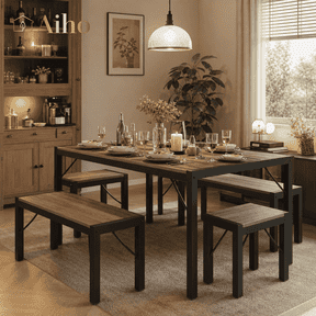 Aiho Dining Table Set for 6 Person, 63" Kitchen Table with 2 Benches & 2 Stools, Space Saver Dining Set for Kitchen, Dining Room, Living Room, Gray