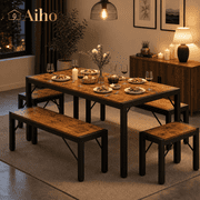 Aiho 63" Dining Table Set for 6, Space Saver with 2 Benches and 2 Stools-Retro