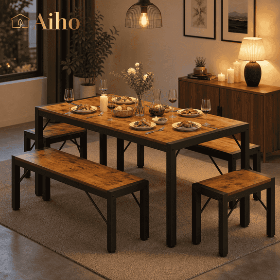 Aiho Dining Table Set for 6 Person, 63" Kitchen Table with 2 Benches & 2 Stools, Space Saver Dining Set for Kitchen, Dining Room, Living Room, Retro