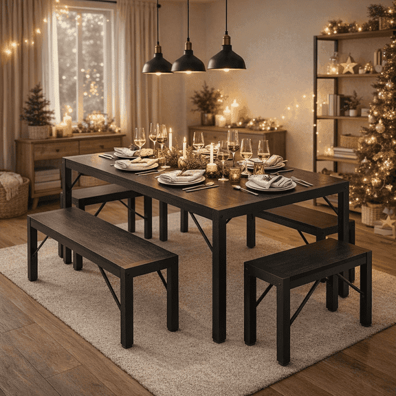 Aiho Dining Table Set for 6 Person, 63" Kitchen Table with 2 Benches & 2 Stools, Space Saver Dining Set for Kitchen, Dining Room, Living Room, Black
