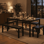 Aiho Dining Table Set for 6 Person, 63" Kitchen Table with 2 Benches & 2 Stools, Space Saver Dining Set for Kitchen, Dining Room, Living Room, Black