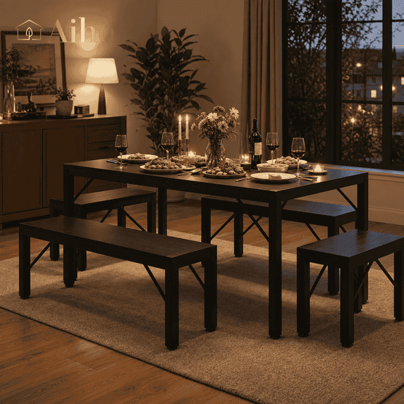 Aiho Dining Table Set for 6 Person, 63" Kitchen Table with 2 Benches & 2 Stools, Space Saver Dining Set for Kitchen, Dining Room, Living Room, Black