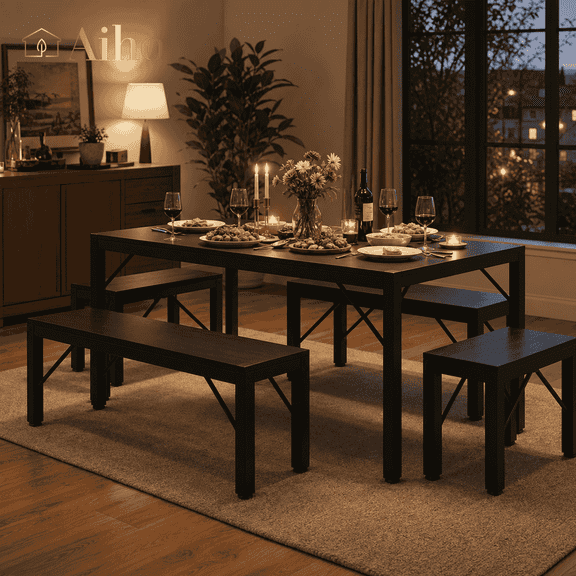 Aiho Dining Table Set for 6 Person, 63" Kitchen Table with 2 Benches & 2 Stools, Space Saver Dining Set for Kitchen, Dining Room, Living Room, Black