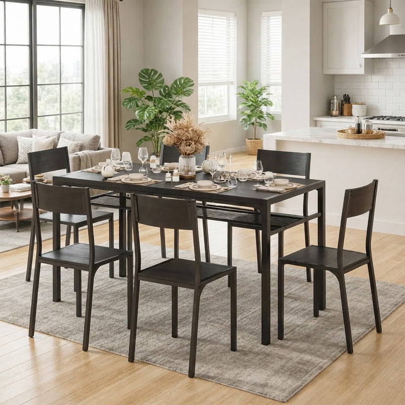 Aiho Dining Table Set for 6, 7-Piece Kitchen Table Set with 6 Chairs & Storage Shelf for Kitchen, Dining Room - Black
