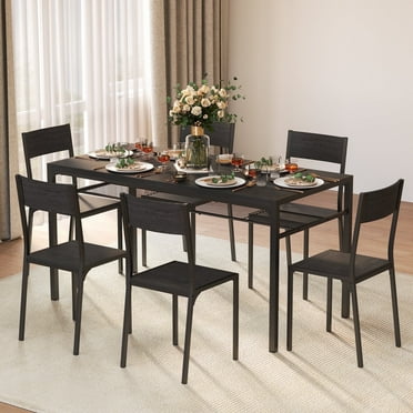 Aiho Dining Table Set for 6 with Chairs, 7-Piece Kitchen Table Set for Kitchen, Dining Room-Black