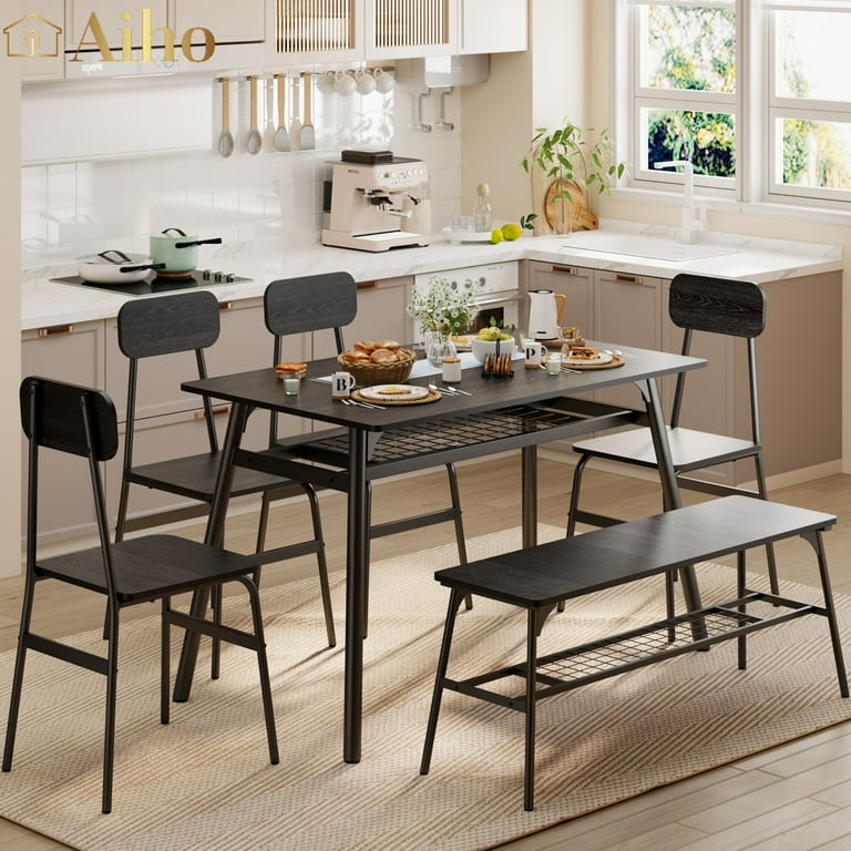 Aiho Dining Table Set for 6 with Storage Rack for Your Daily Meals and Parties Black