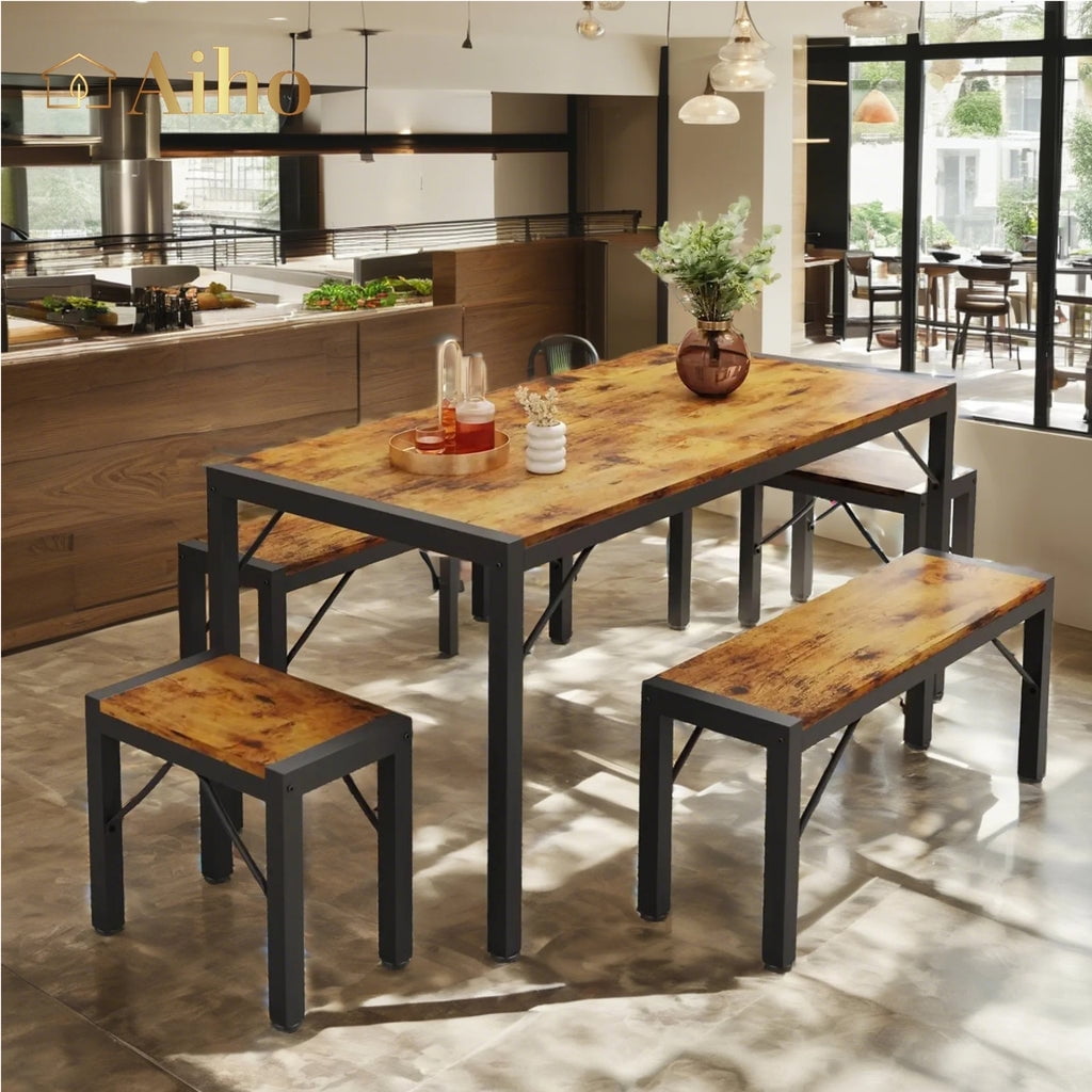 Natural Brown Engineered Wood Dining Table Set with Bench and Chairs