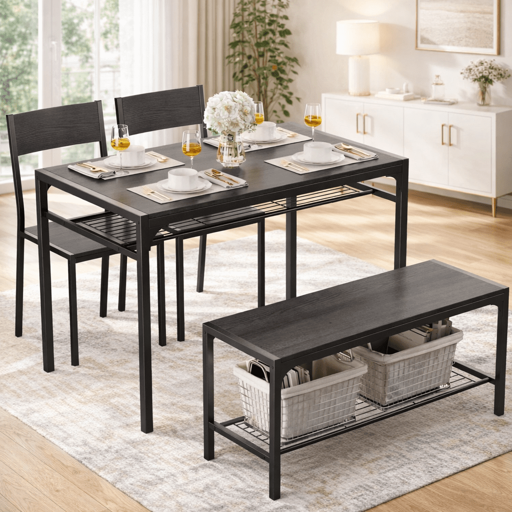 4-Piece Dining Table Set for 4, Kitchen Table with 2 Chairs & Bench, Compact Furniture for Small Space & Apartment Black