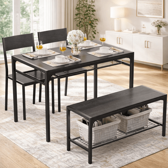 4-Piece Dining Table Set for 4, Kitchen Table with 2 Chairs & Bench, Compact Furniture for Small Space & Apartment Black
