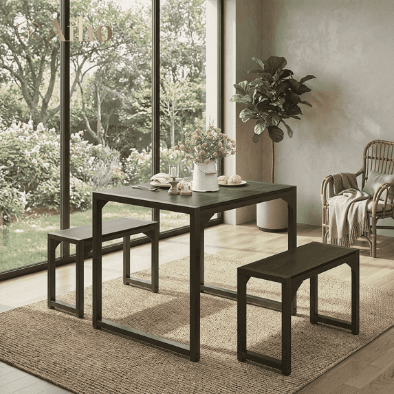 Aiho Dining Table with 2 Benches, 3-Piece Kitchen Table Set for Small Space, Wood Table Top Black
