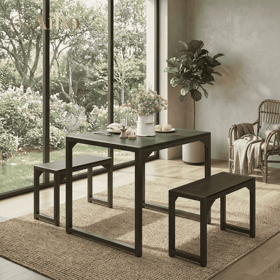 Aiho Dining Table with 2 Benches, 3-Piece Kitchen Table Set for Small Space, Wood Table Top Black