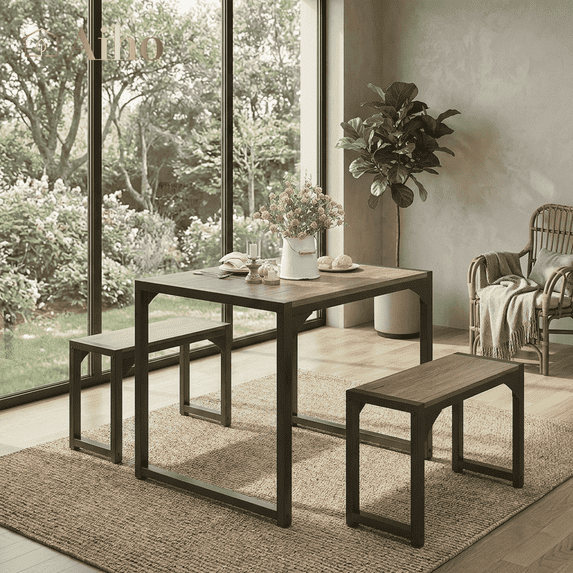 Aiho Dining Table with 2 Benches, 3-Piece Kitchen Table Set for Small Space, Wood Table Top Gray