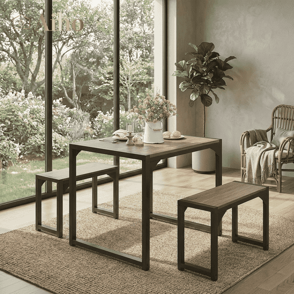 Aiho Dining Table with 2 Benches, 3-Piece Kitchen Table Set for Small Space, Wood Table Top Gray