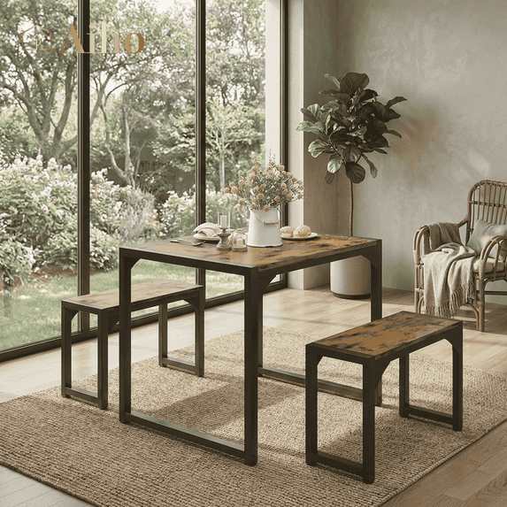 Aiho Dining Table with 2 Benches, 3-Piece Kitchen Table Set for Small Space, Wood Table Top Retro