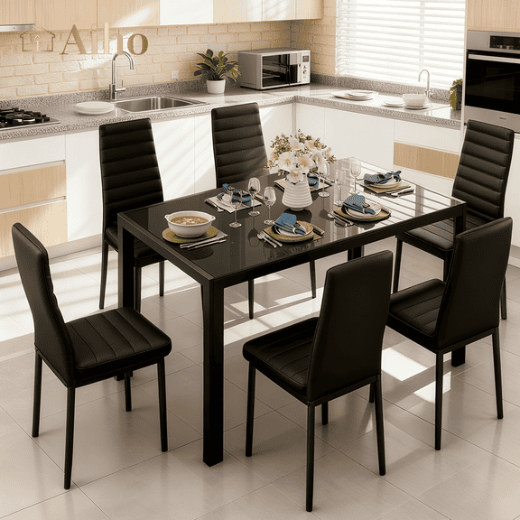 Aiho Dining Table with 6 PU Leather Chairs, Morden Kitchen Table Chairs Set for 6 Person, Perfect for Dining Room, Kitchen, Living Room, Black
