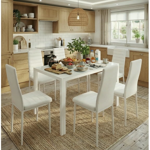 Aiho Dining Table with 6 PU Leather Chairs, Morden Kitchen Table Chairs Set for 6 Person, Perfect for Dining Room, Kitchen, Living Room, White