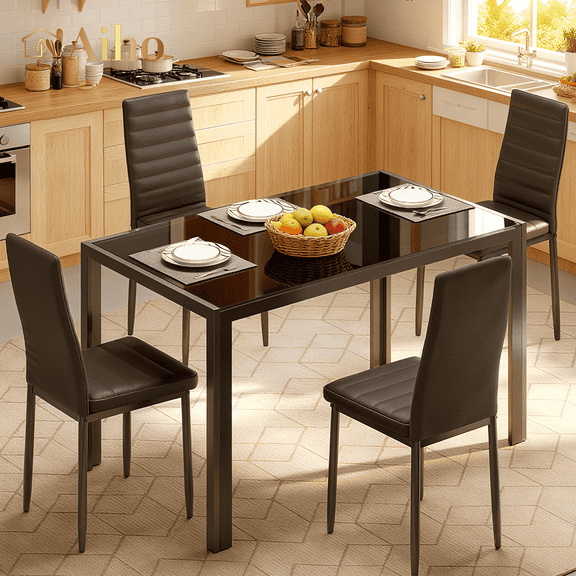 Aiho Dining Table Set for 4, Modern Glass Kitchen Table with 4 Cushioned Chairs , For Dining Room, Kitchen, Living Room - Black