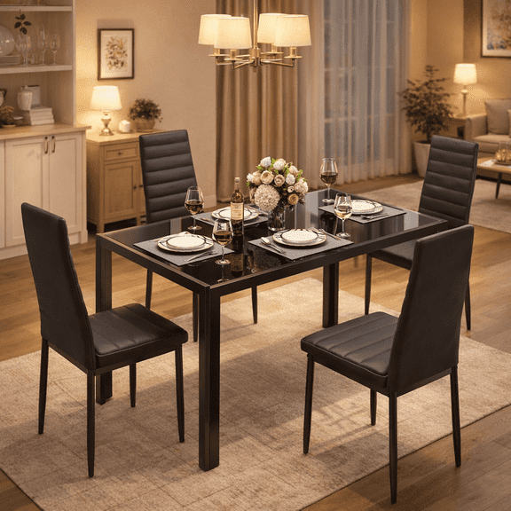 Aiho Dining Table Set for 4, Modern Glass Kitchen Table with 4 Cushioned Chairs , For Dining Room, Kitchen, Living Room - Black