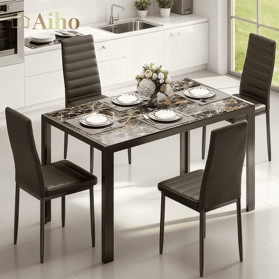 Aiho Dining Table Set for 4, Modern Glass Kitchen Table with 4 Cushioned Chairs , For Dining Room, Kitchen, Living Room - Marble