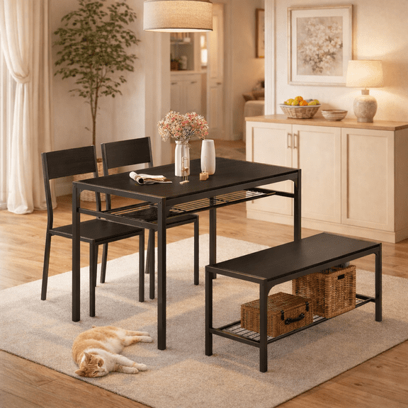 Aiho 4 Piece Dining Table Set for 4, Kitchen Table and Chairs with Bench, Space-Saving Dining Furniture for Small Spaces, Apartment, Breakfast Nook - Black