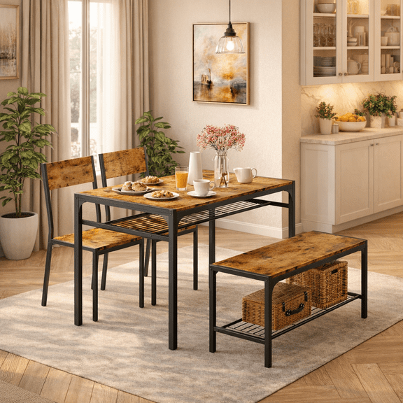 Aiho 4 Piece Dining Table Set for 4, Kitchen Table and Chairs with Bench, Space-Saving Dining Furniture for Small Spaces, Apartment, Breakfast Nook - Retro