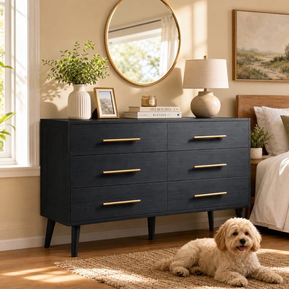 6-Drawer Dresser, 47.5" W Modern Chest of Drawers with Gold Metal Legs & Handles, Large Capacity Storage for Bedroom & Living Room, Black