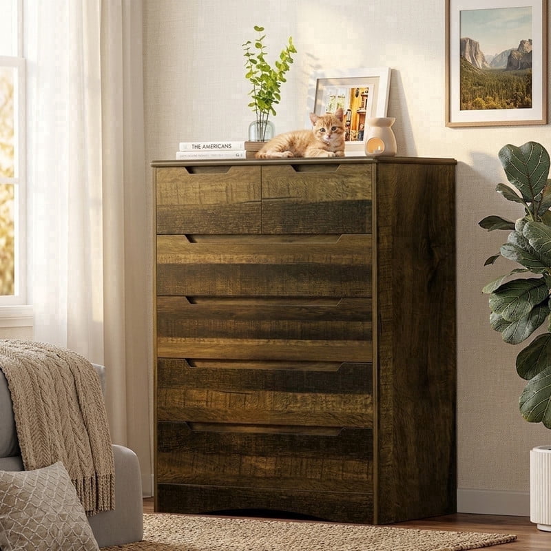 6 Drawer Tall Dresser, Large Storage Chest of Drawers, Anti-Tip Wooden Organizer, FSC-Certified MDF Cabinet for Bedroom, Entryway, Office & Living Room, Brown