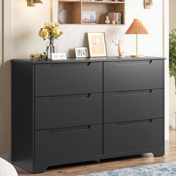 6-Drawer Double Dresser, Modern Black Wood Chest with Cutout Handles, Anti-Tip Safety, Smooth Metal Drawer Rails