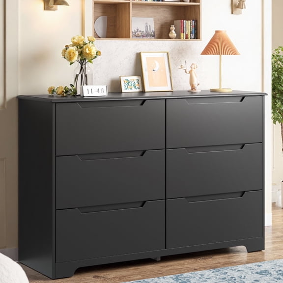 6-Drawer Double Dresser, Modern Black Wood Chest with Cutout Handles, Anti-Tip Safety, Smooth Metal Drawer Rails