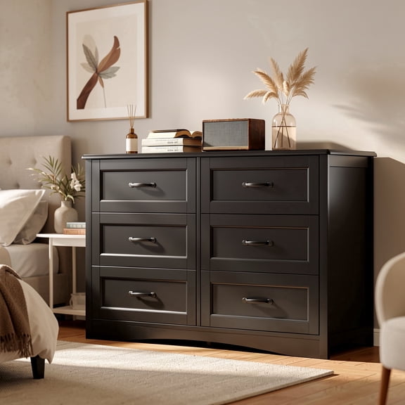 6 Drawer Double Dresser, Modern Wood Double Chest of Drawers, Anti-Tip Safety, Premium Paint, Black