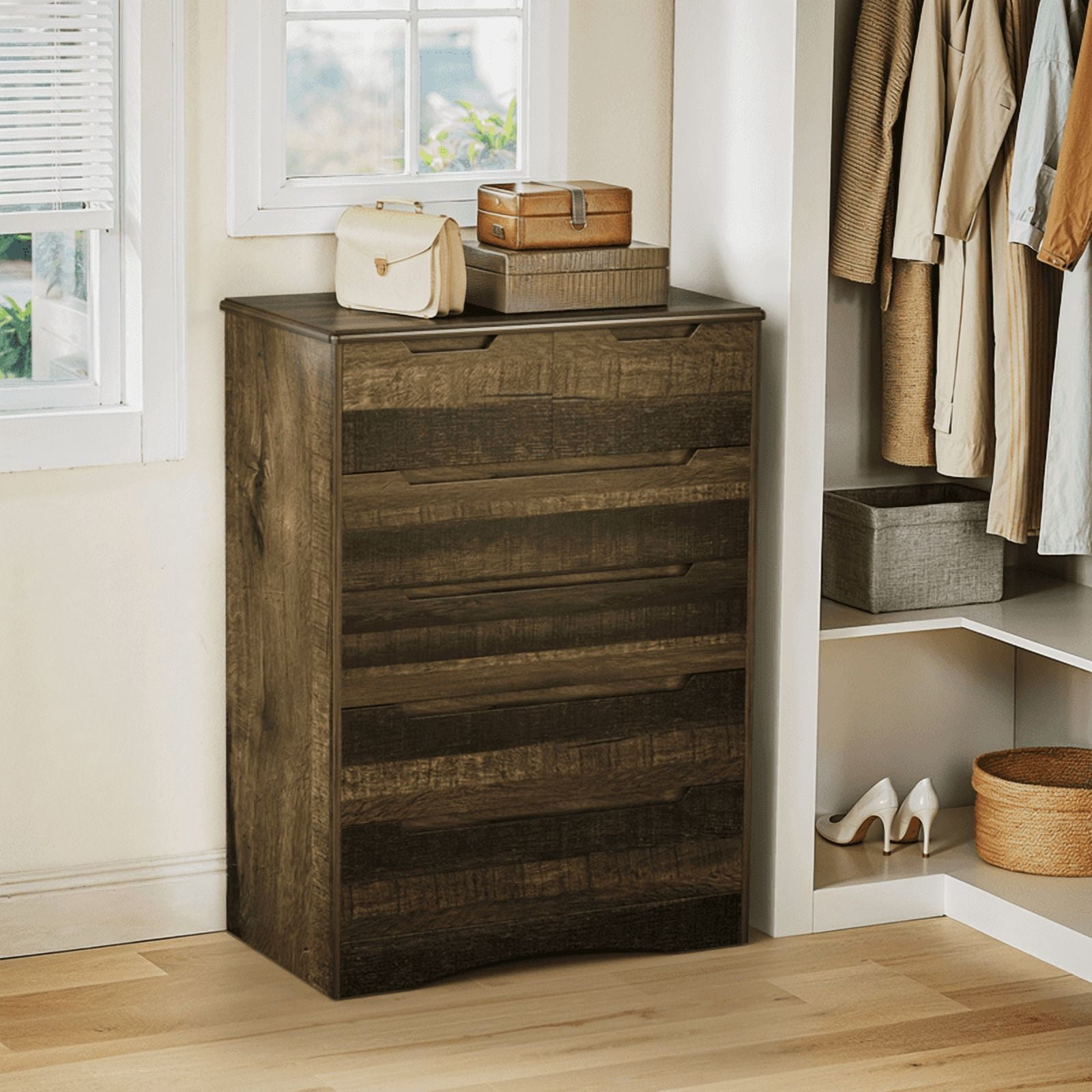 Aiho Dresser with Drawers, Wood Tall Chest, Built-in Handle Drawers for Bedroom, Home, Living Room, Hallway -Dark Gray