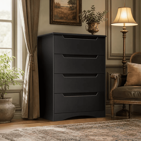 Aiho Dresser with 4 Drawers, Wood Tall Chest, Built-in Handle Drawers for Bedroom, Home, Living Room, Hallway - Black