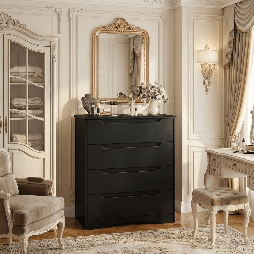 Aiho Dresser with 4 Drawers, Wood Tall Chest, Built-in Handle Drawers for Bedroom, Home, Living Room, Hallway - Black