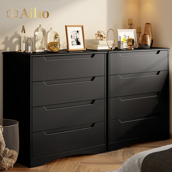 Aiho Dresser with 4 Drawers, Wood Tall Chest, Built-in Handle Drawers for Bedroom, Home, Living Room, Hallway - Black