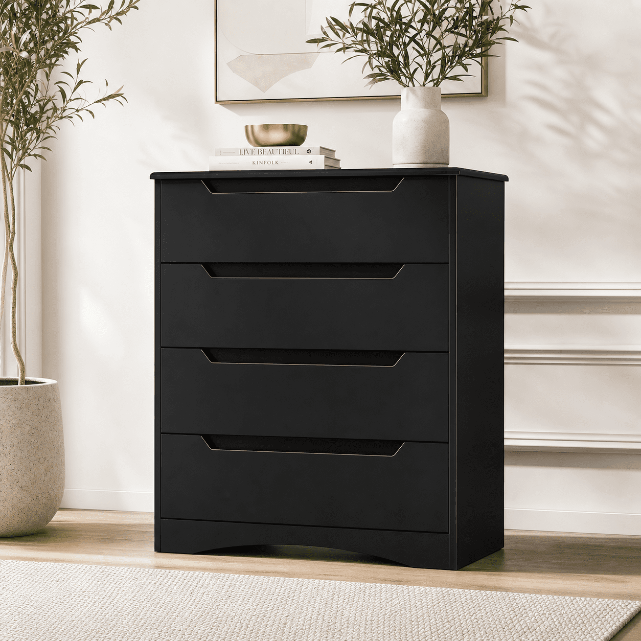 Aiho Dresser with 4 Drawers, Wood Tall Chest, Built-in Handle Drawers for Bedroom, Home, Living Room - Black