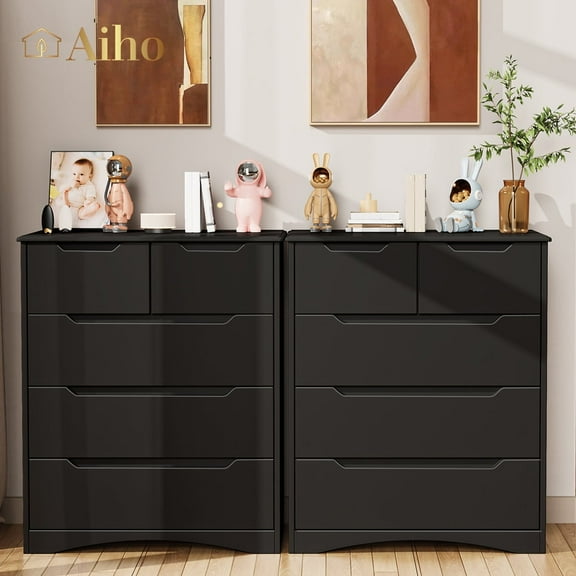 Aiho Dresser with 5 Drawers, Wood Tall Chest, Built-in Handle Drawers for Bedroom, Home, Living Room - Black