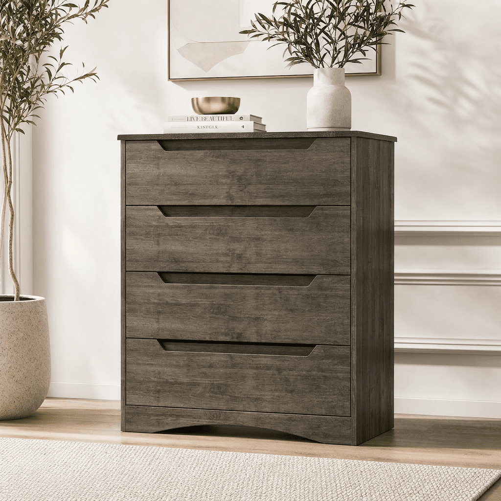 Aiho Dresser with 4 Drawers, Wood Tall Chest, Built-in Handle Drawers for Bedroom, Home, Living Room - Dark Grey