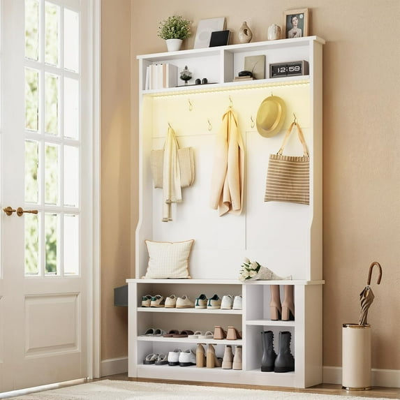 Aiho Entryway Bench with Coat Rack, 5-in-1 Hall Tree with Bench and Shoe Storage, Entryway Furniture, Adjustable LED Light, for Hallway, Living Room, White