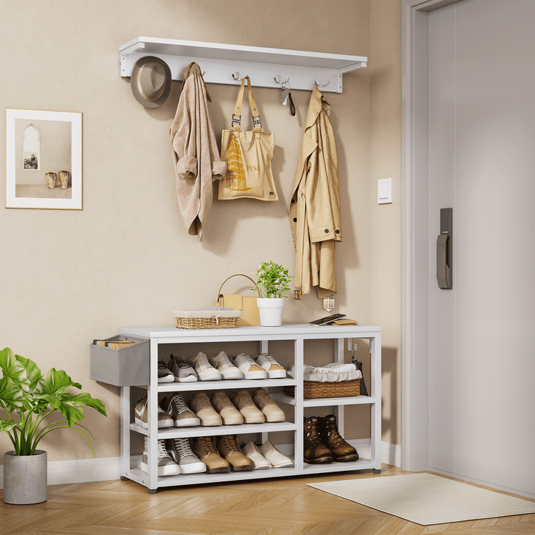 Aiho Entryway Coat Rack with Storage Bench and Coat Hooks, White