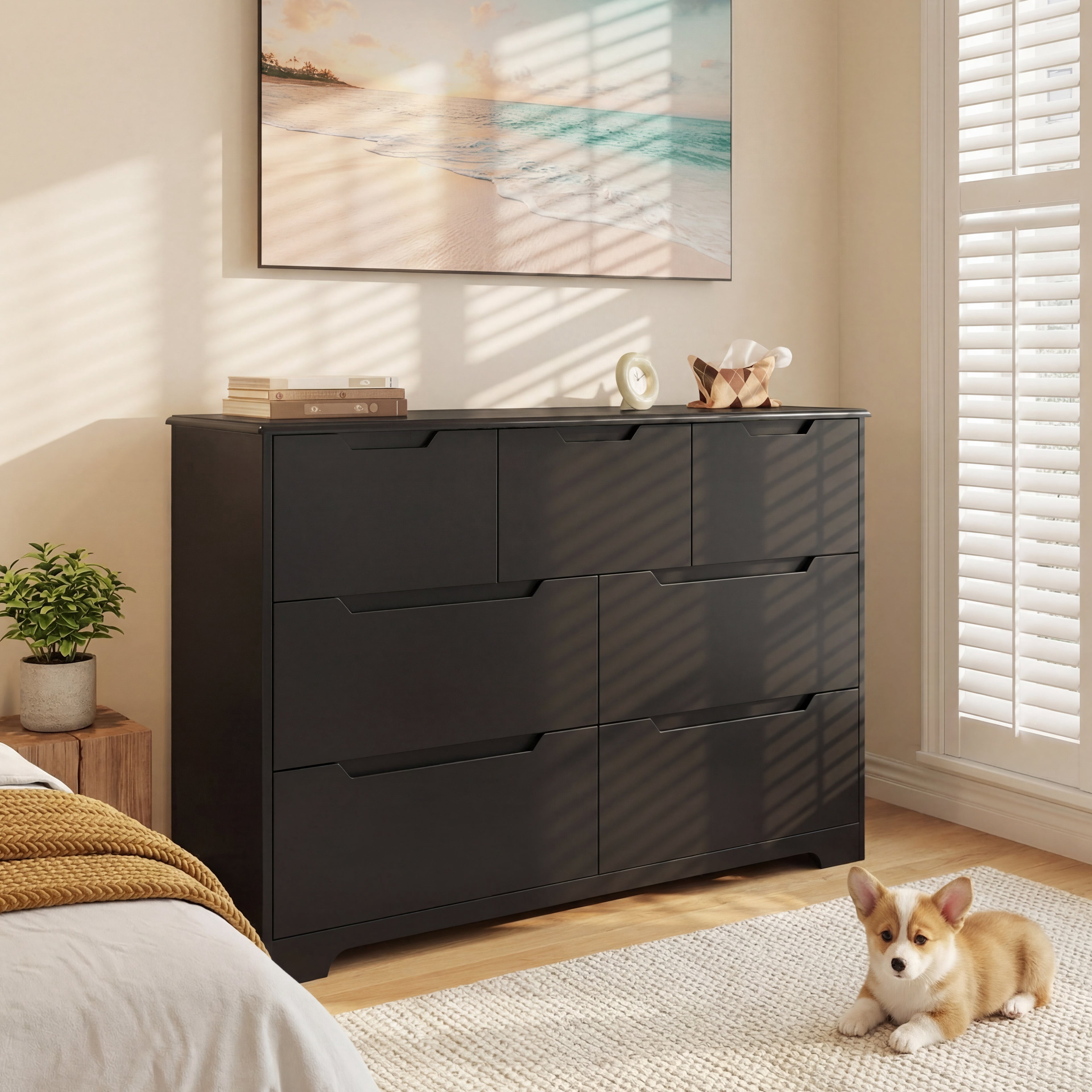 7-Drawer Dresser for Bedroom with Anti-Tip Design, 48" Handle-Free Modern Storage Chest - Premium Engineered Wood Dresser, Black
