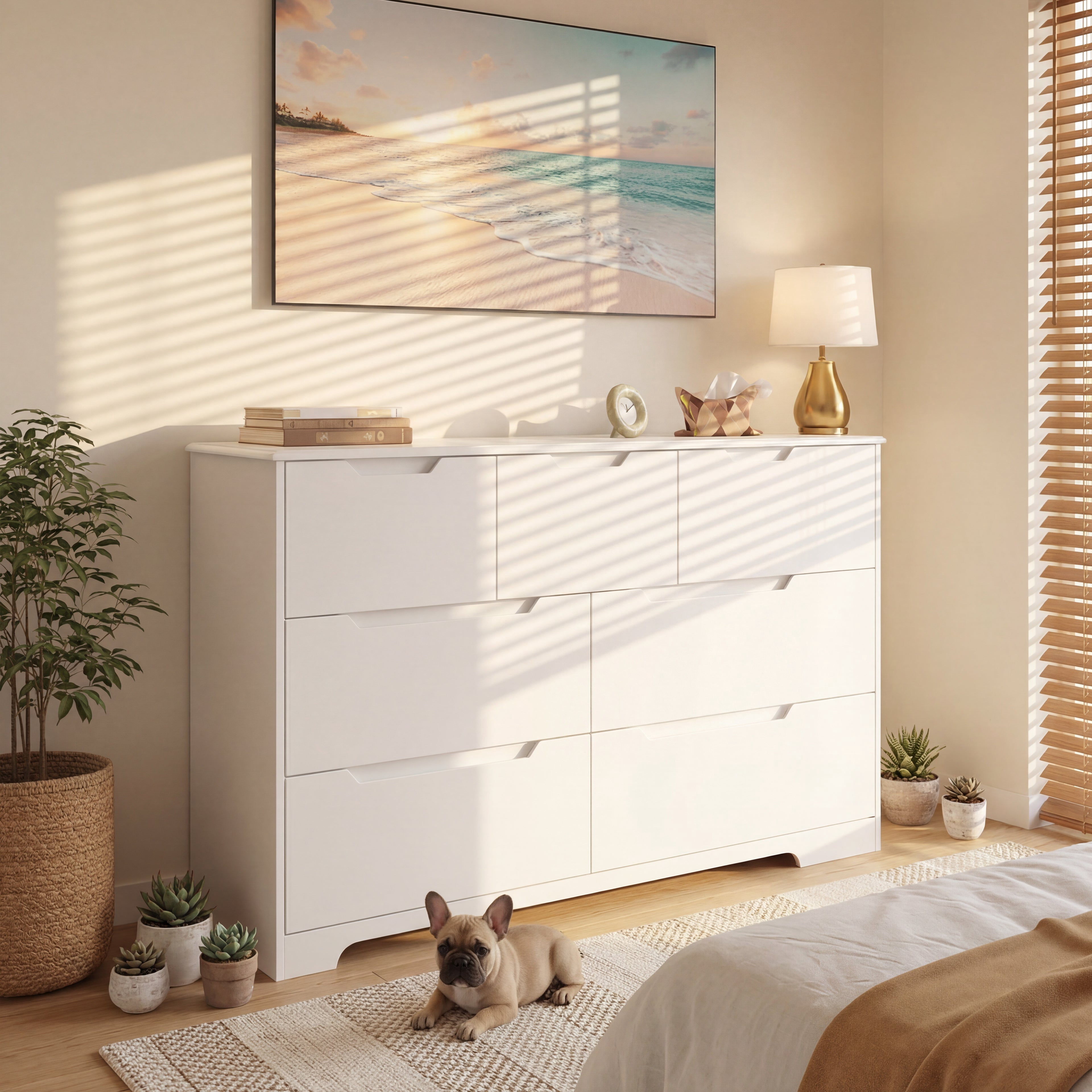 7-Drawer Dresser for Bedroom with Anti-Tip Design, 48" Handle-Free Modern Storage Chest - Premium Engineered Wood Dresser, White