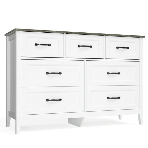 Multifunctional 7-Drawer Chest, 47-inch White Dresser & TV Stand for Bedroom & Living Room, Grey Tabletop with Metal Handles