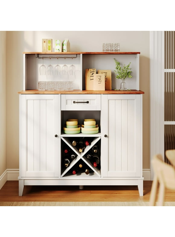 Aiho Farmhouse Bar Cabinet Storage with Wine Rack and Goblet Holder, Retro