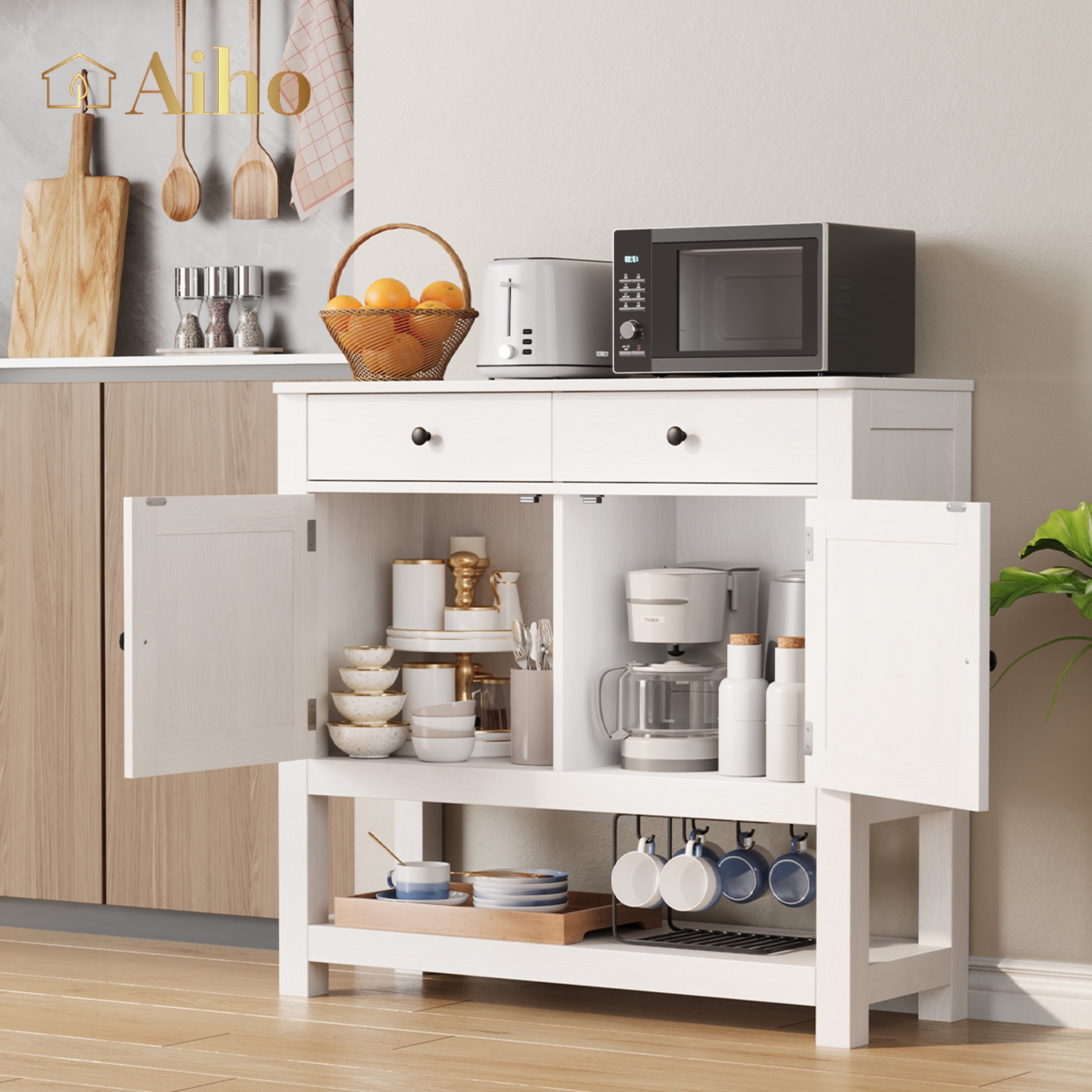 Aiho Farmhouse Console Table with 2 Drawers, 2 Cabinets, Wood Coffee ...